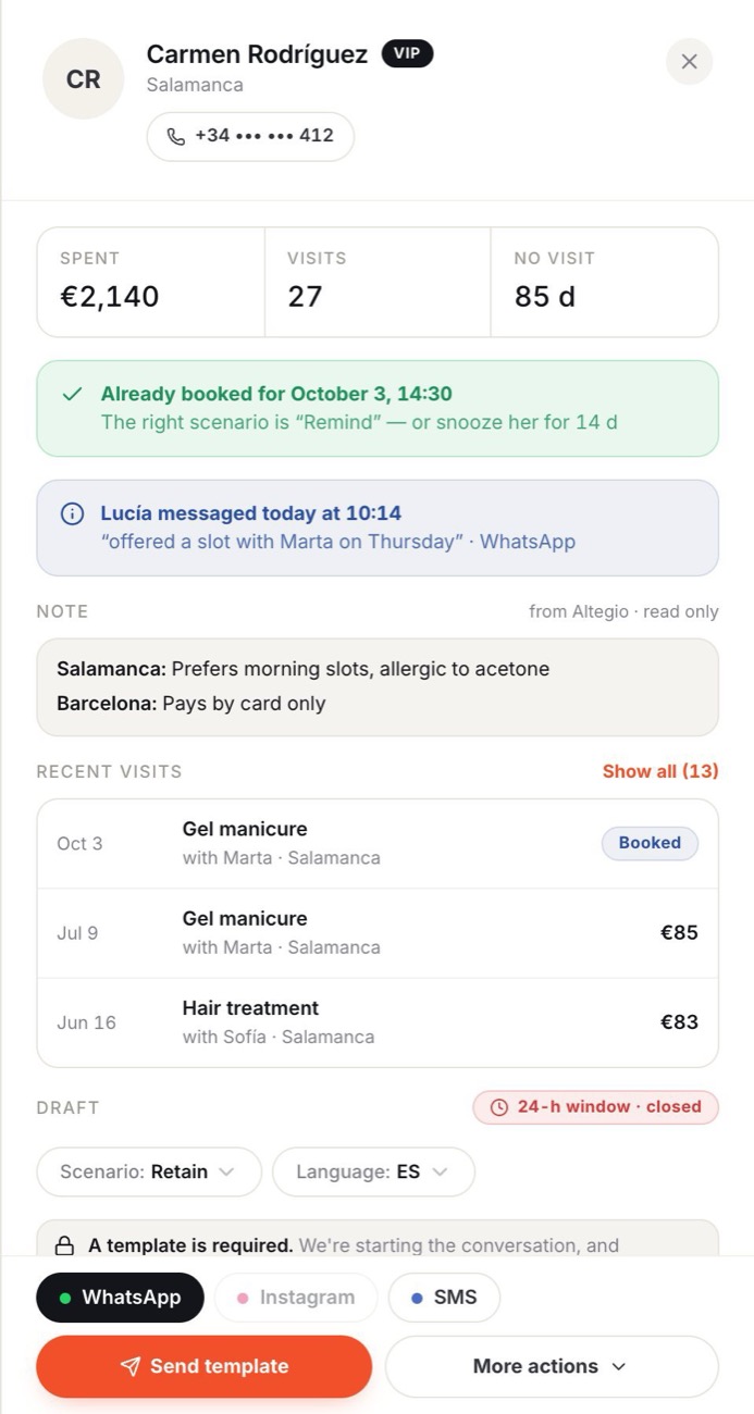 A client card in Ritmio with spend, visits, alerts and a message draft.