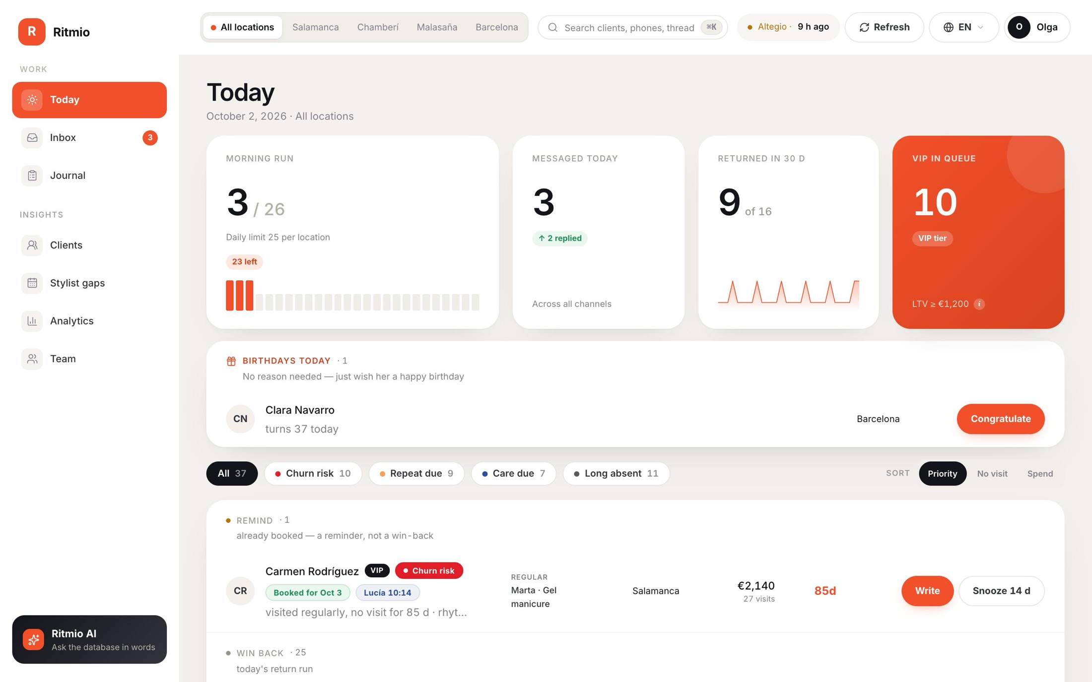 Ritmio's Today screen: morning run, clients by reason and the day's queue.